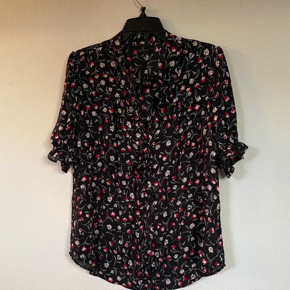 Worthington Black Blouse with Red and White Floral Design